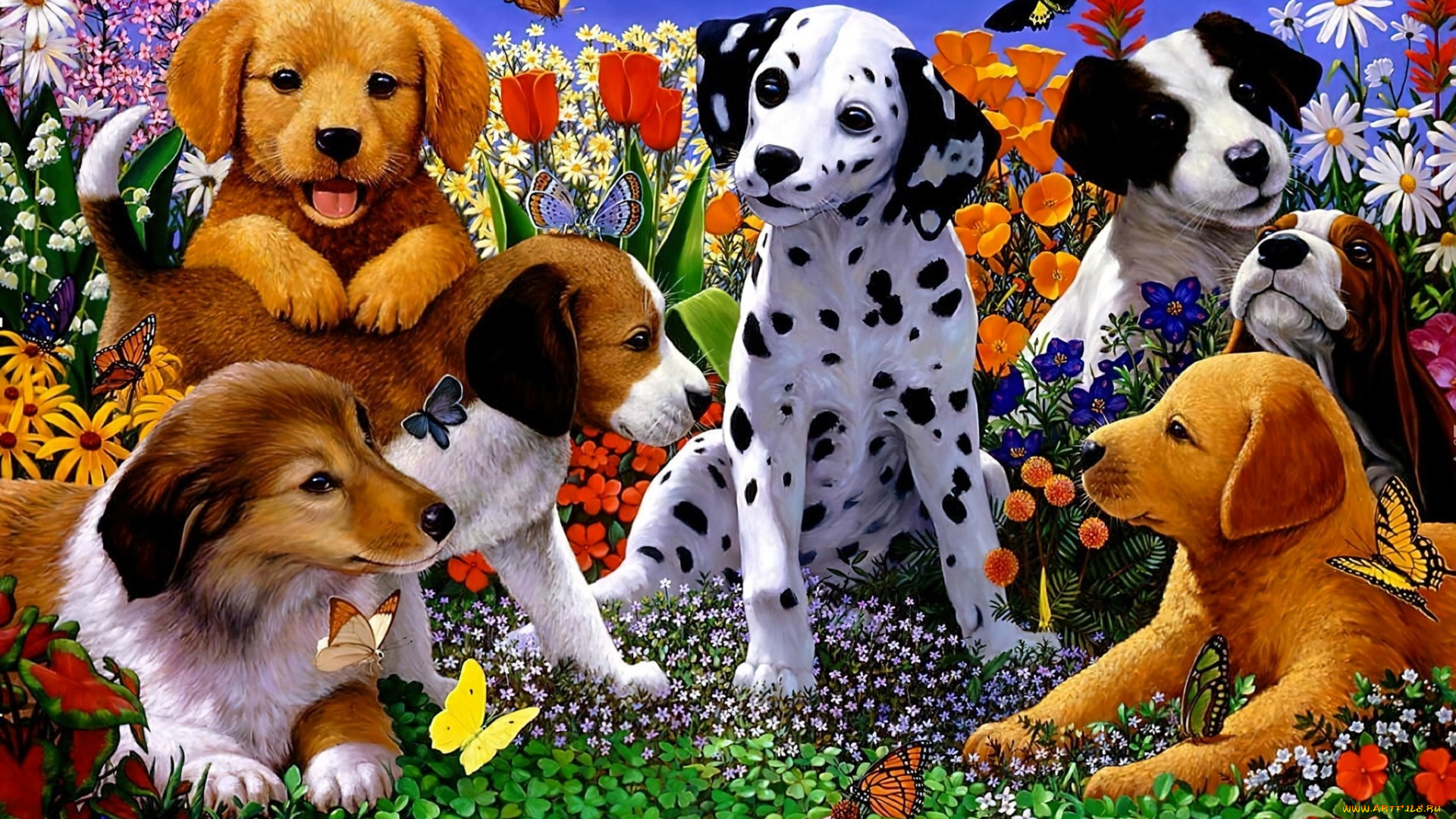 рисованное, животные, , собаки, щенки, породы, цветы, бабочки