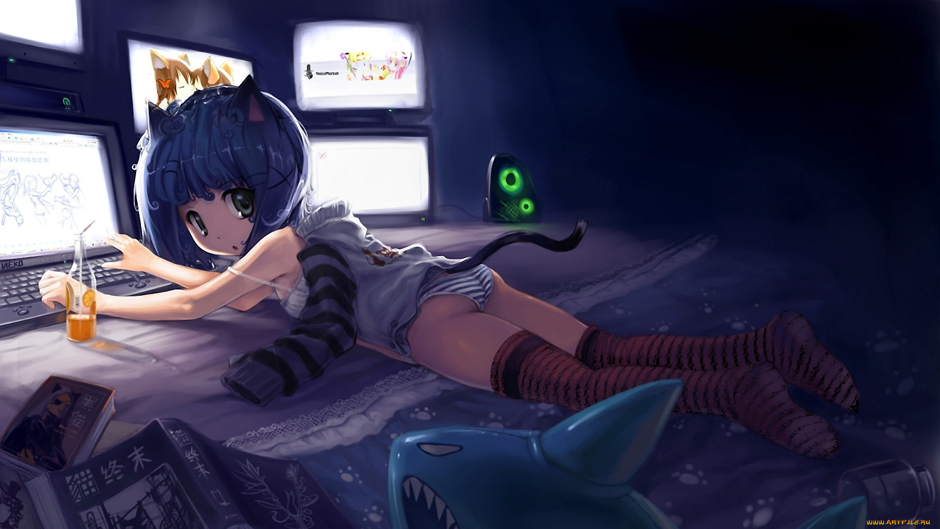 аниме, animals, компьютер, catgirl