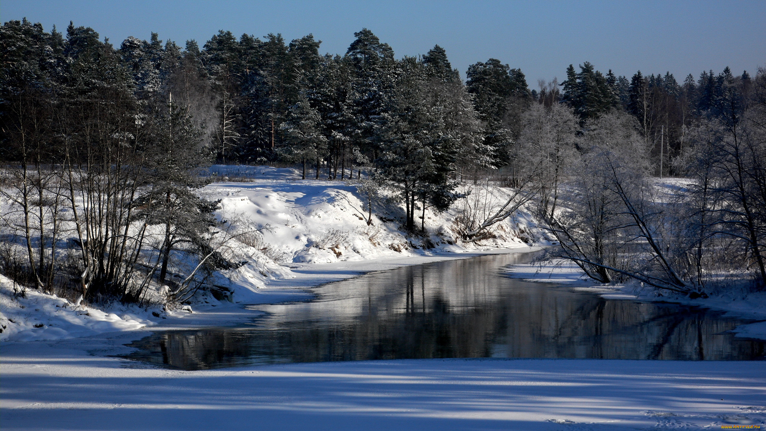 природа, зима, река, снег