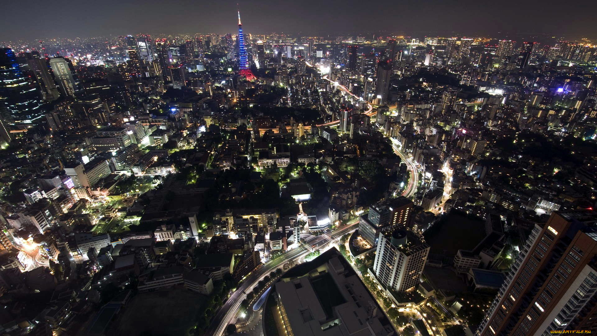 города, токио, , Япония, вечер, панорама, подсветка