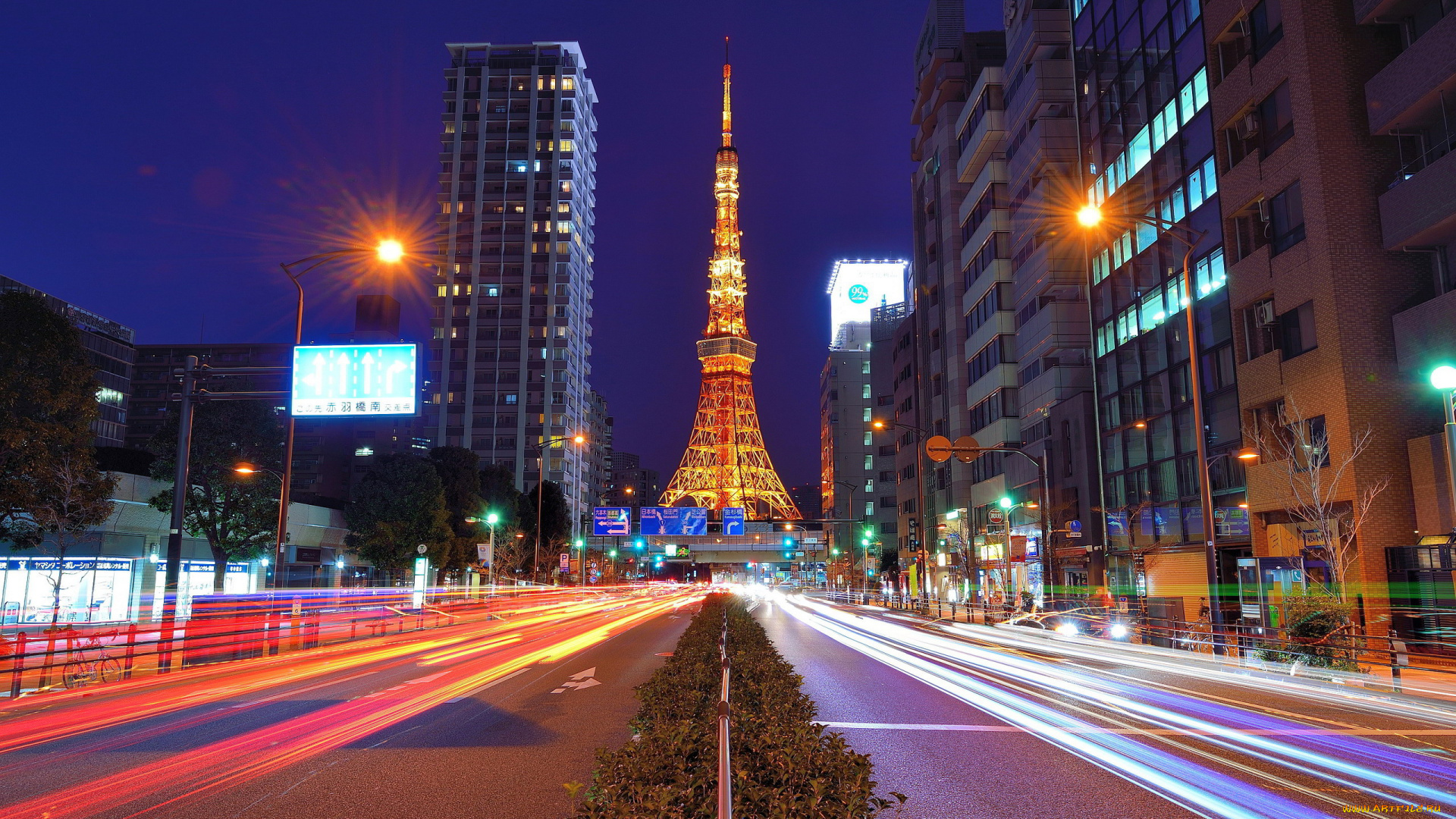города, токио, , Япония, вечер, улица, башня, фонари