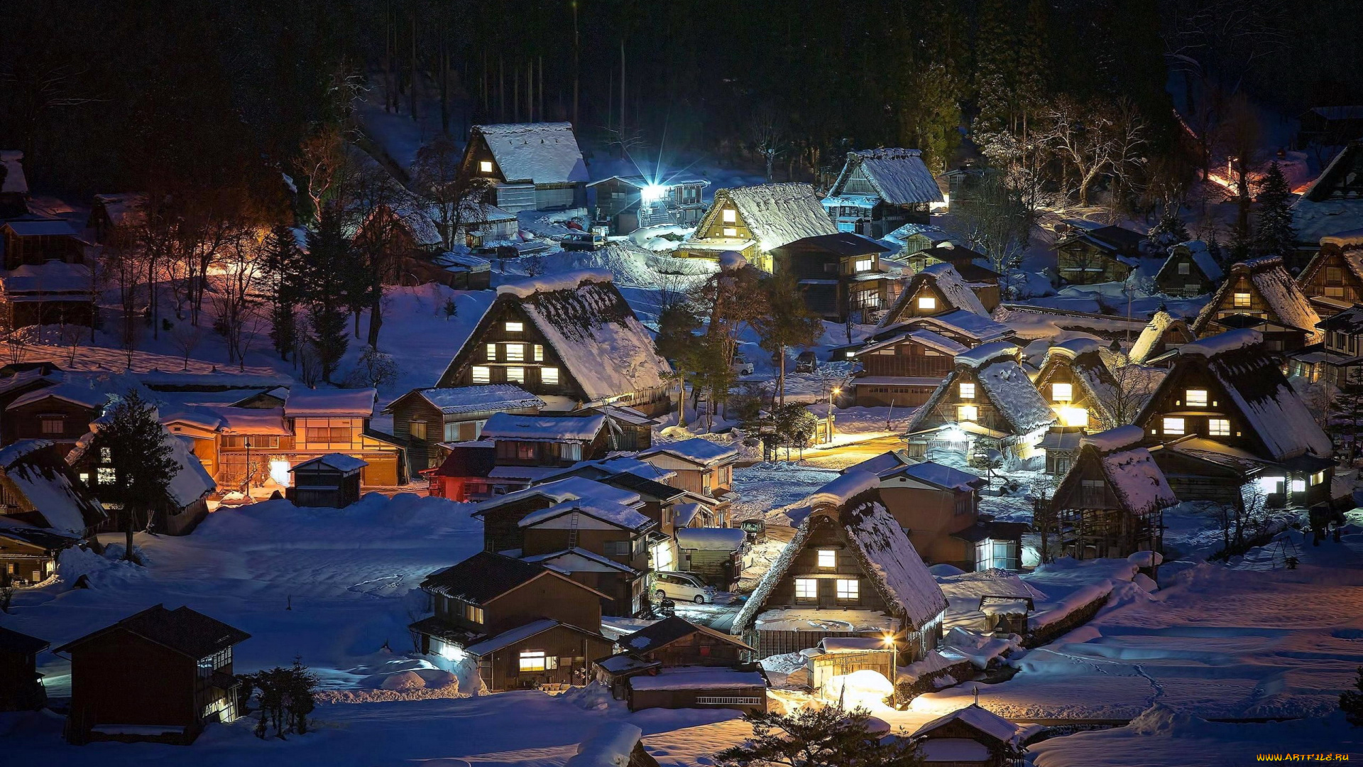 shirakawa, village, города, -, огни, ночного, города, ночь, Япония, панорама, зима