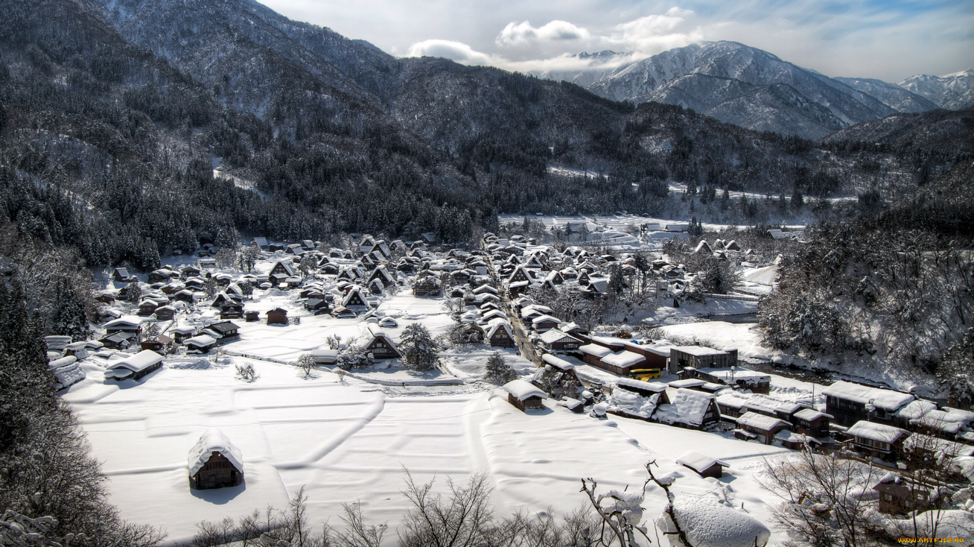 shirakawa, village, города, -, пейзажи, панорама, зима, снег, Япония