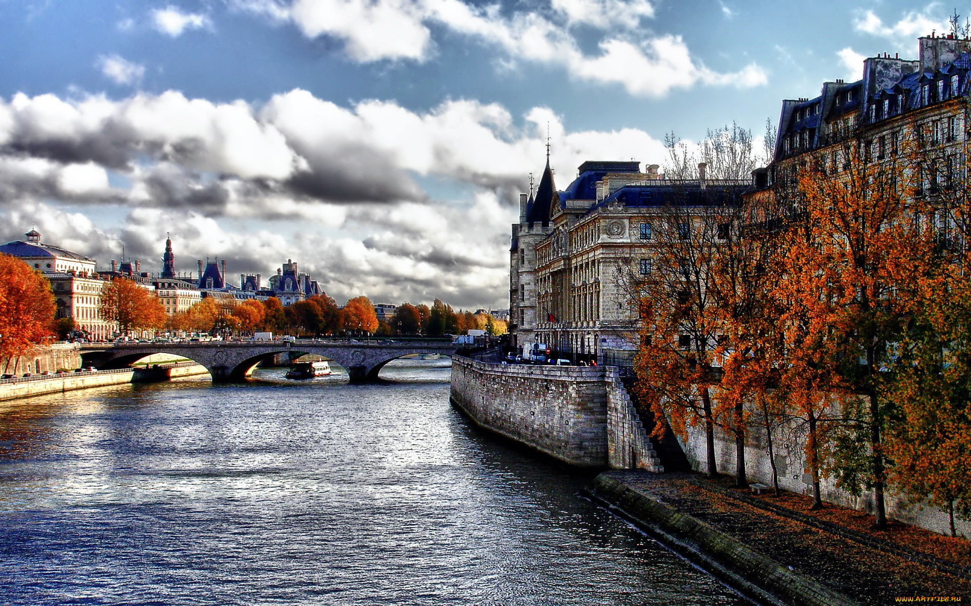 города, париж, , франция, мост, река, осень