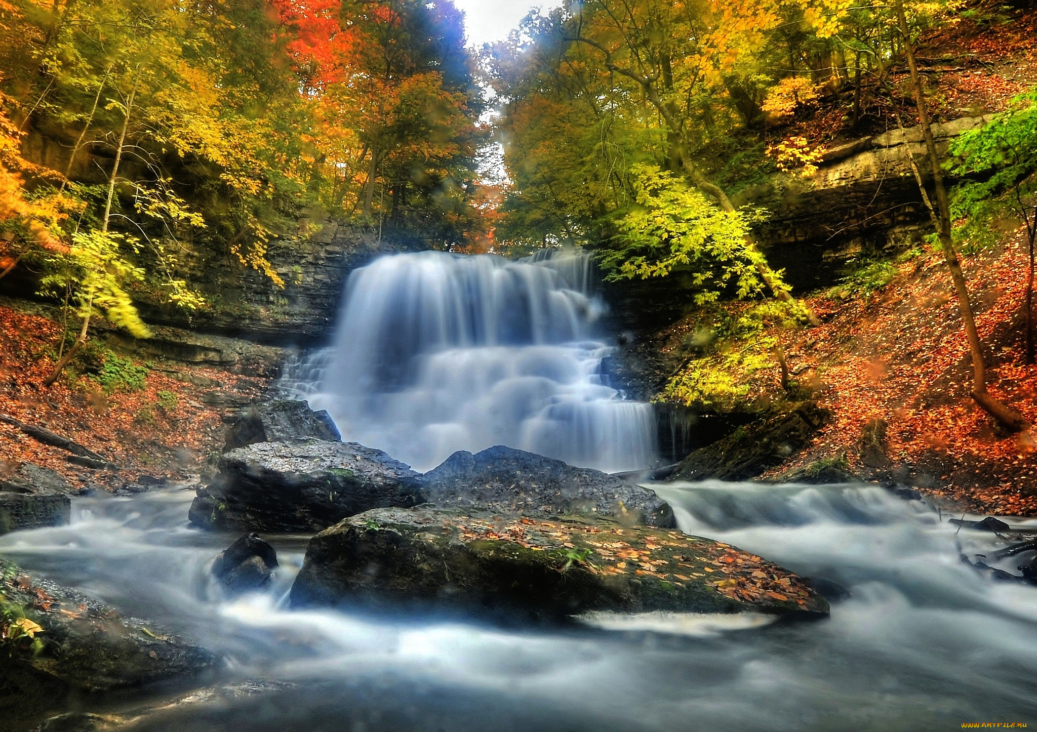 природа, водопады, осень, поток, лес, камни