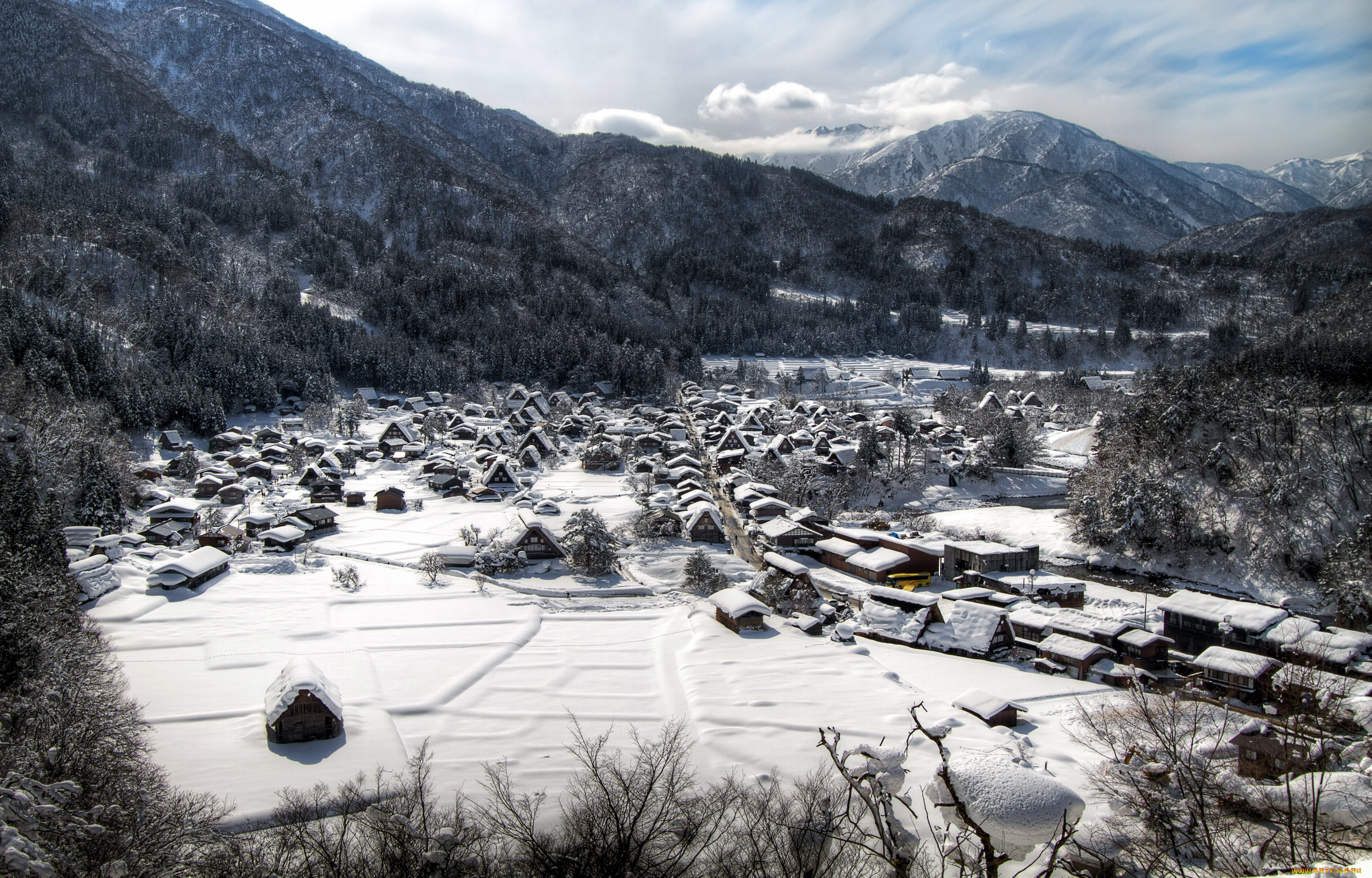 shirakawa, village, города, -, пейзажи, панорама, зима, снег, Япония