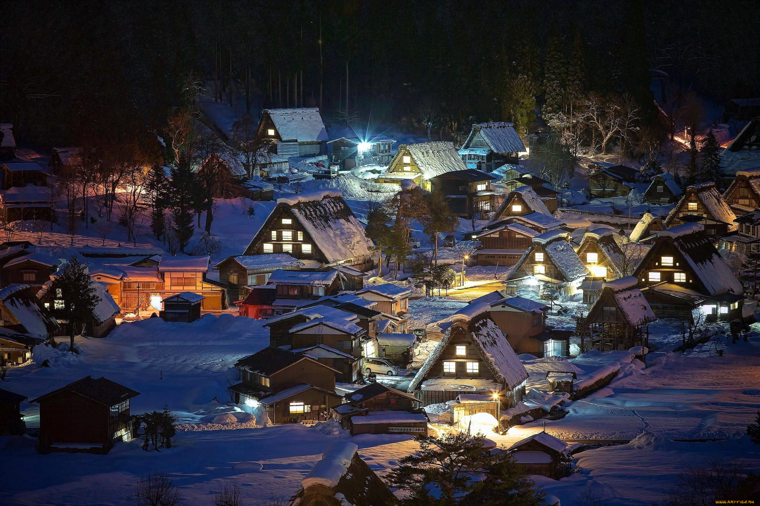 shirakawa, village, города, -, огни, ночного, города, ночь, Япония, панорама, зима