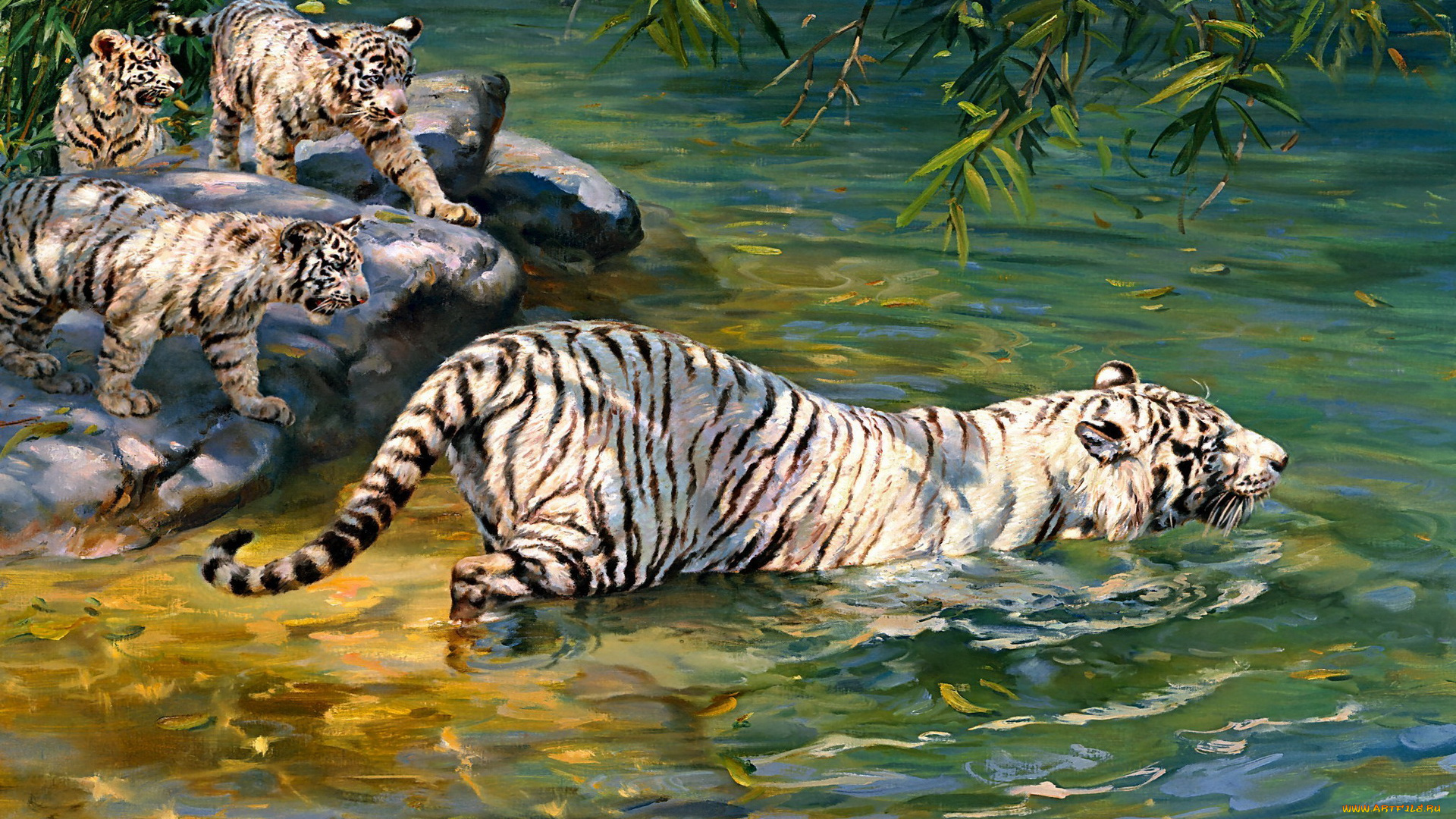 рисованное, donald, grant, тигрица, тигрята, озеро