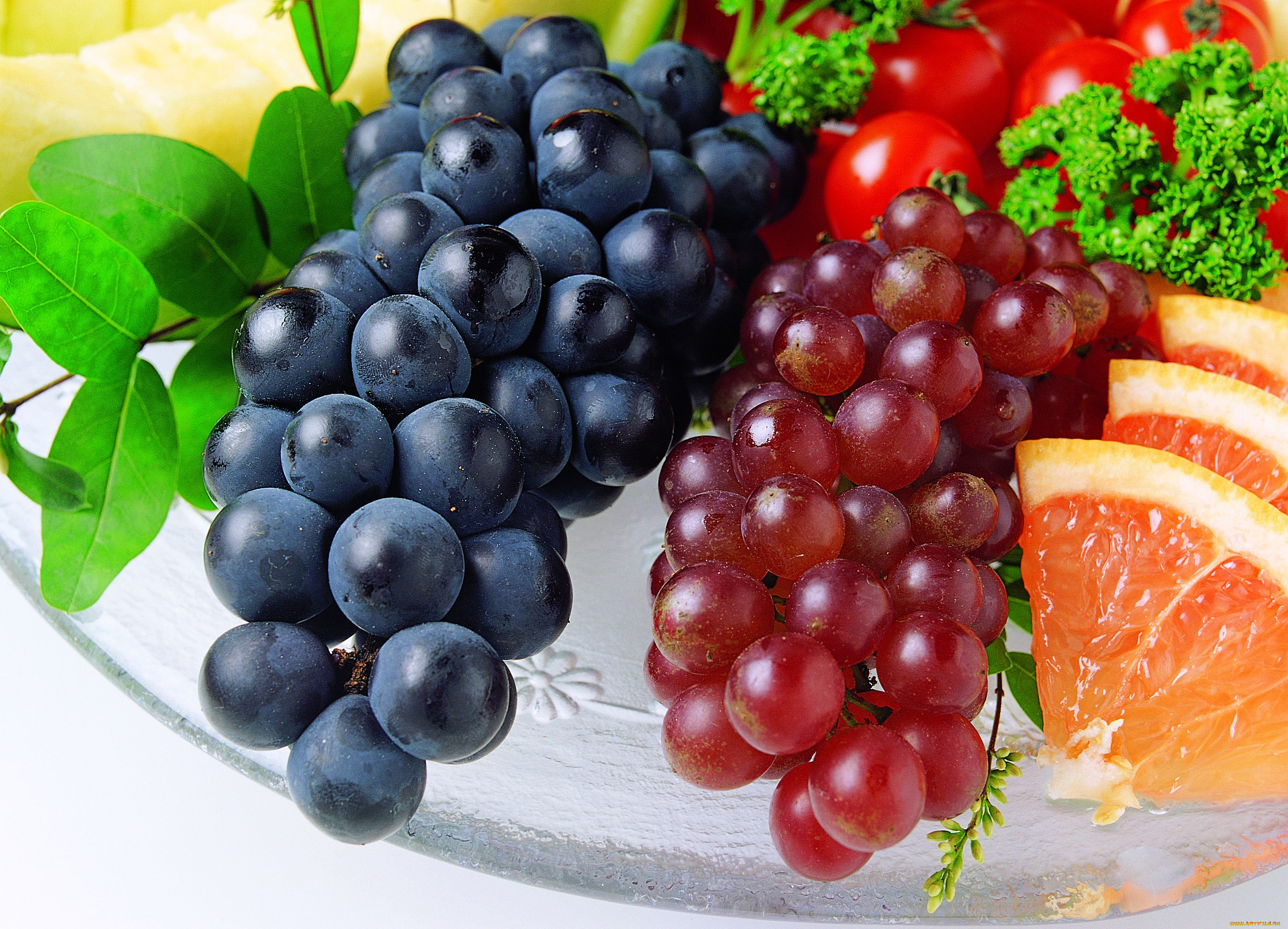 еда, фрукты, овощи, вместе, виноград, грейпфрут, помидоры