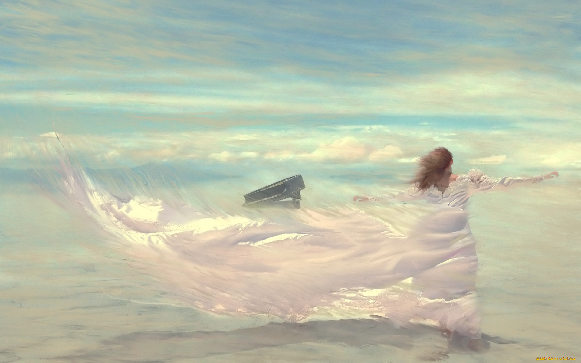 Автора рождает. Девушка в облаках. Девушка на ветру. Полет души. Душевные картины.