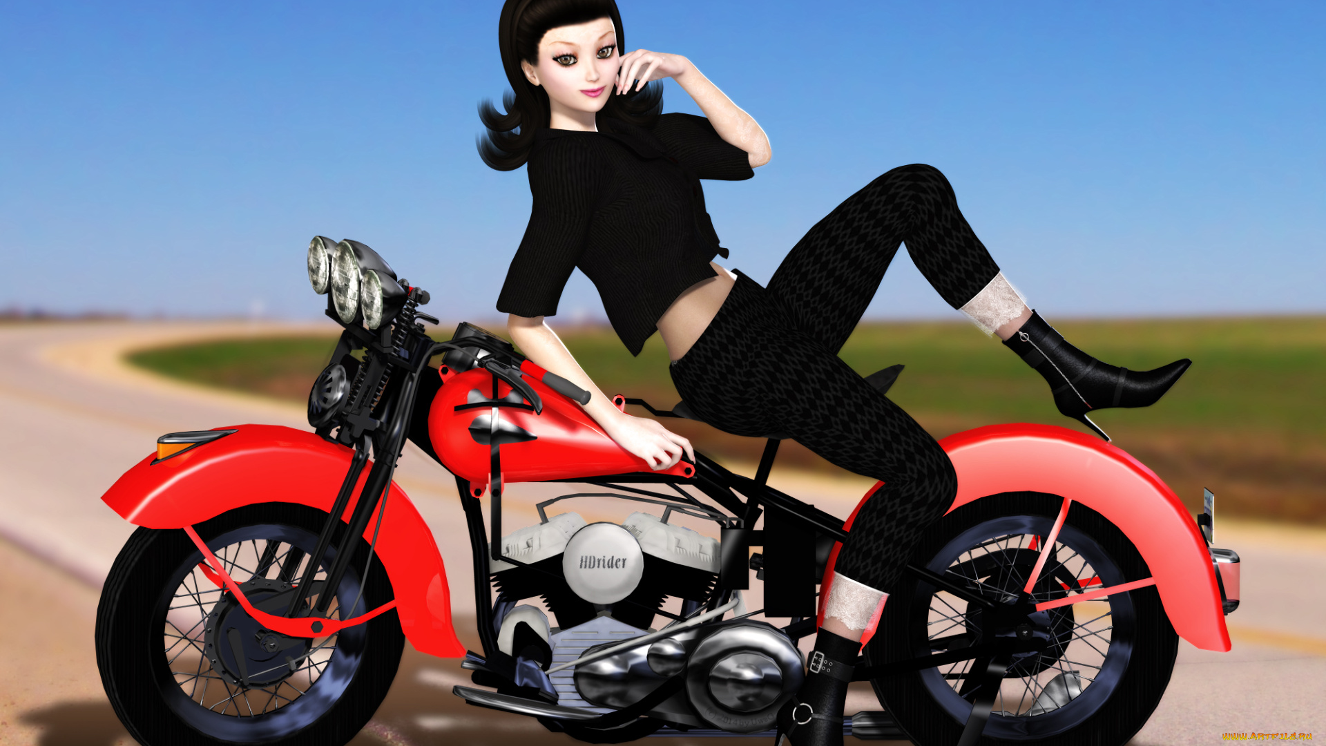 мотоциклы, 3d, девушка, взгляд, мотоцикл