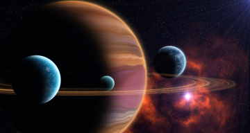 Картинка космос арт планета лучи небо звезды спутник кольца