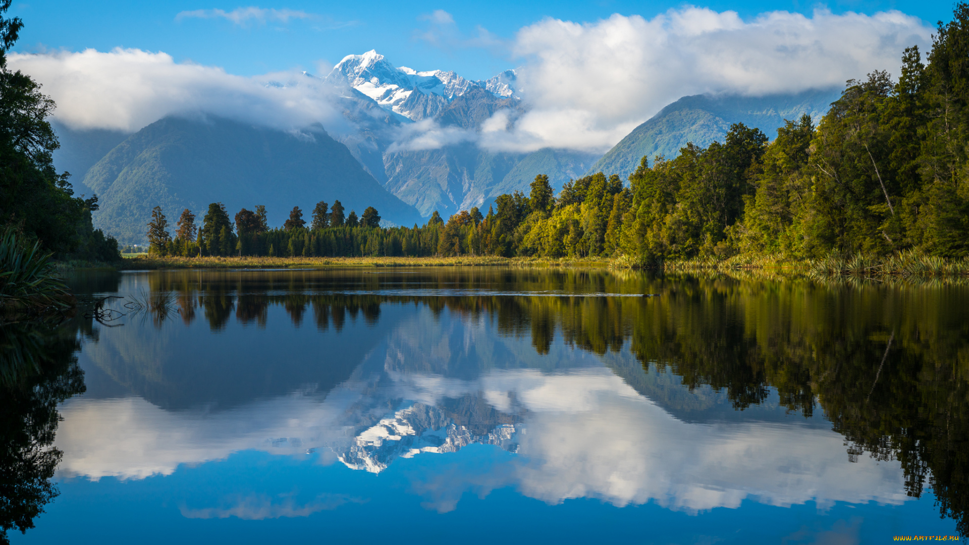 природа, реки, озера, новая, зеландия, южные, альпы, озеро, горы, лес, отражение