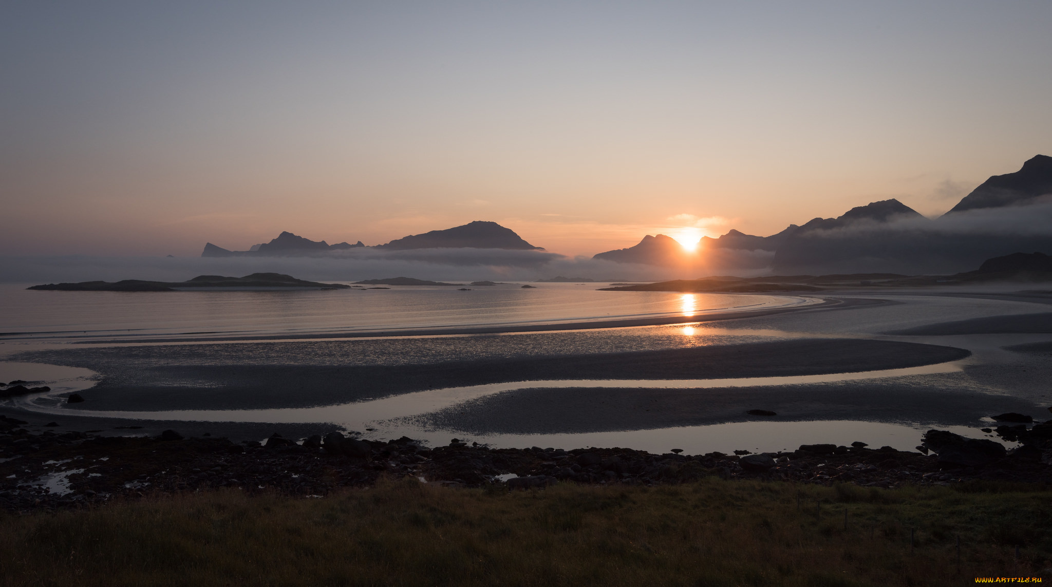 природа, побережье, norway, fredvang, lofoten, islands, yttersand, beach, morning, fog