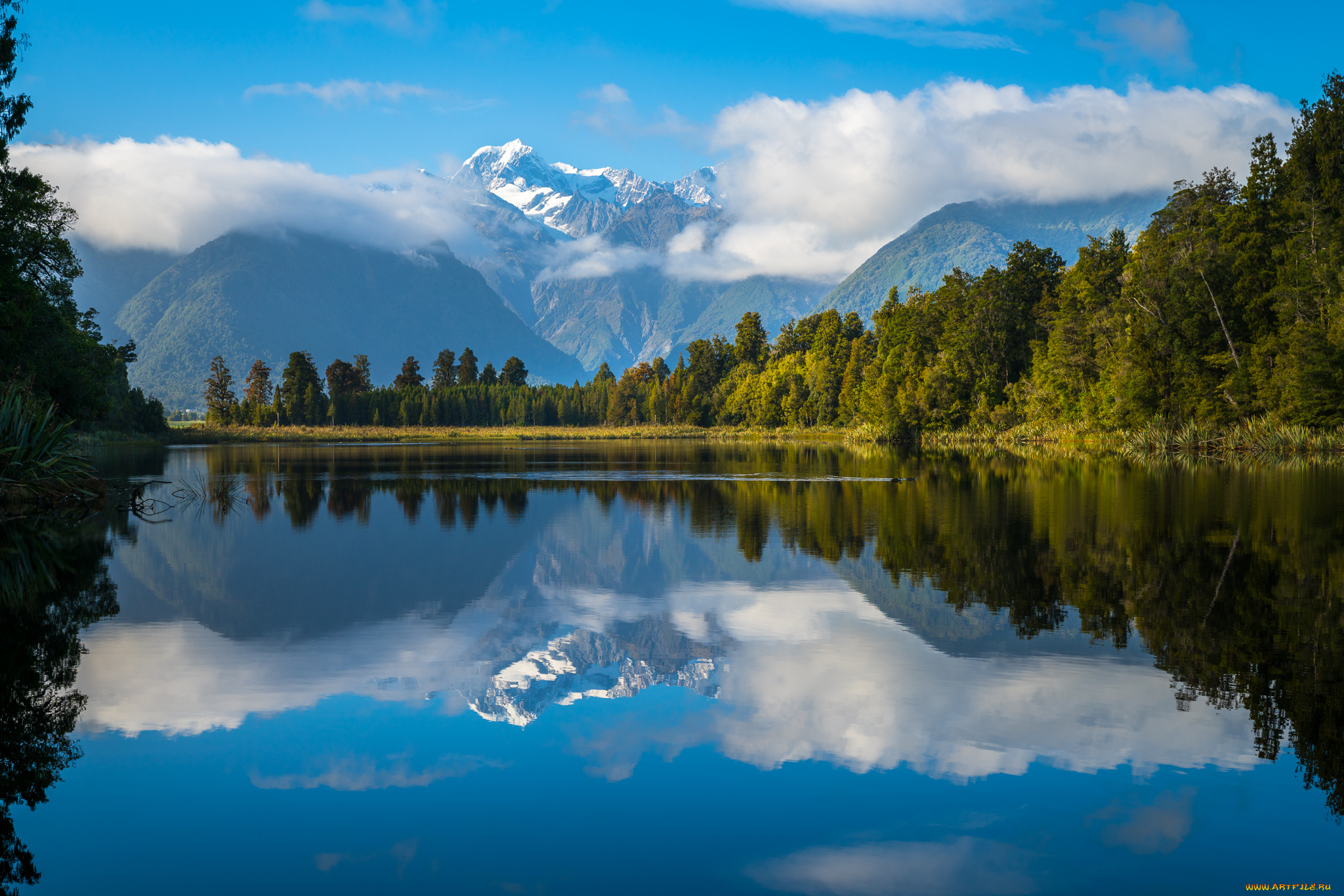 природа, реки, озера, новая, зеландия, южные, альпы, озеро, горы, лес, отражение