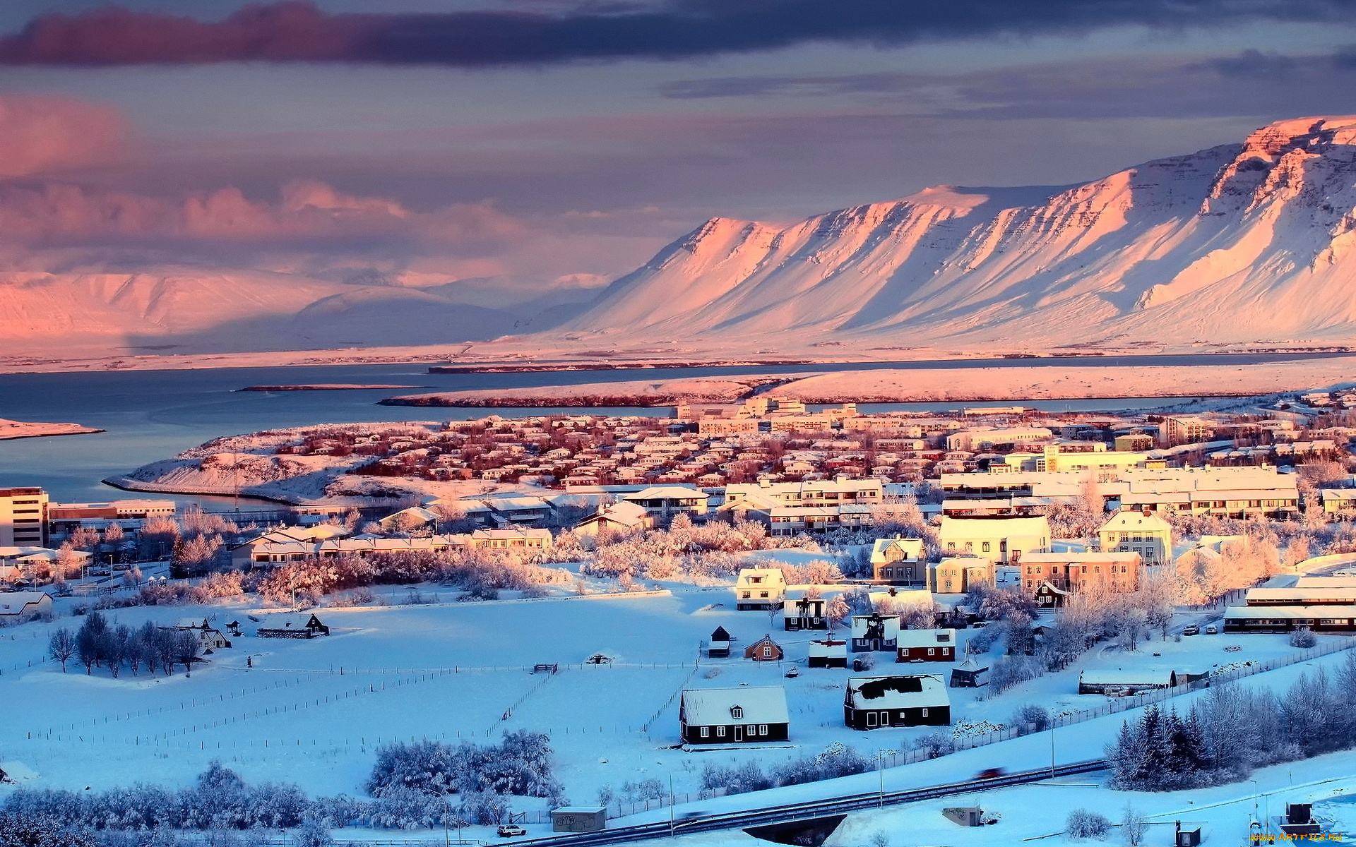 города, рейкьявик, , исландия, зима, панорама, здания, снег, горы