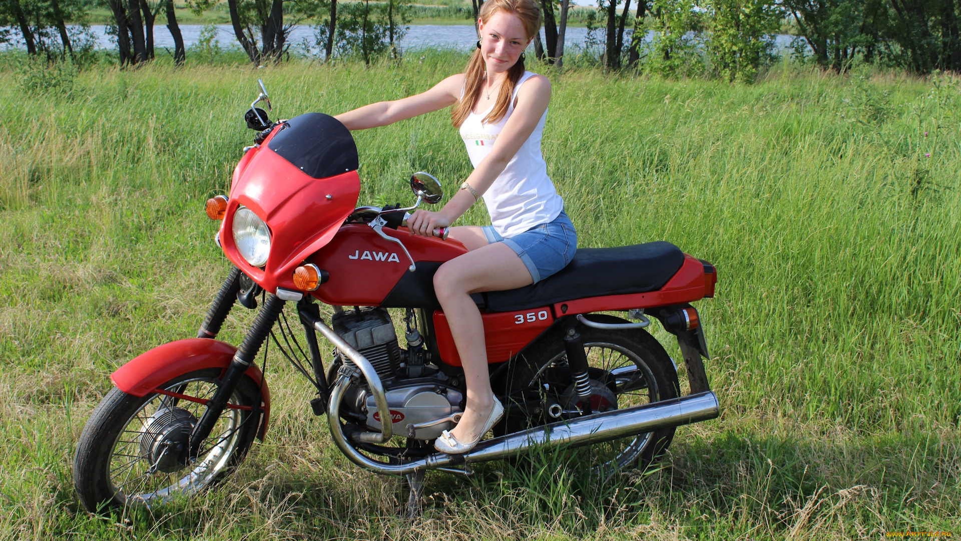 jawa-, 350, мотоциклы, мото, с, девушкой, jawa-, 350, мотоцикл, красный, трава