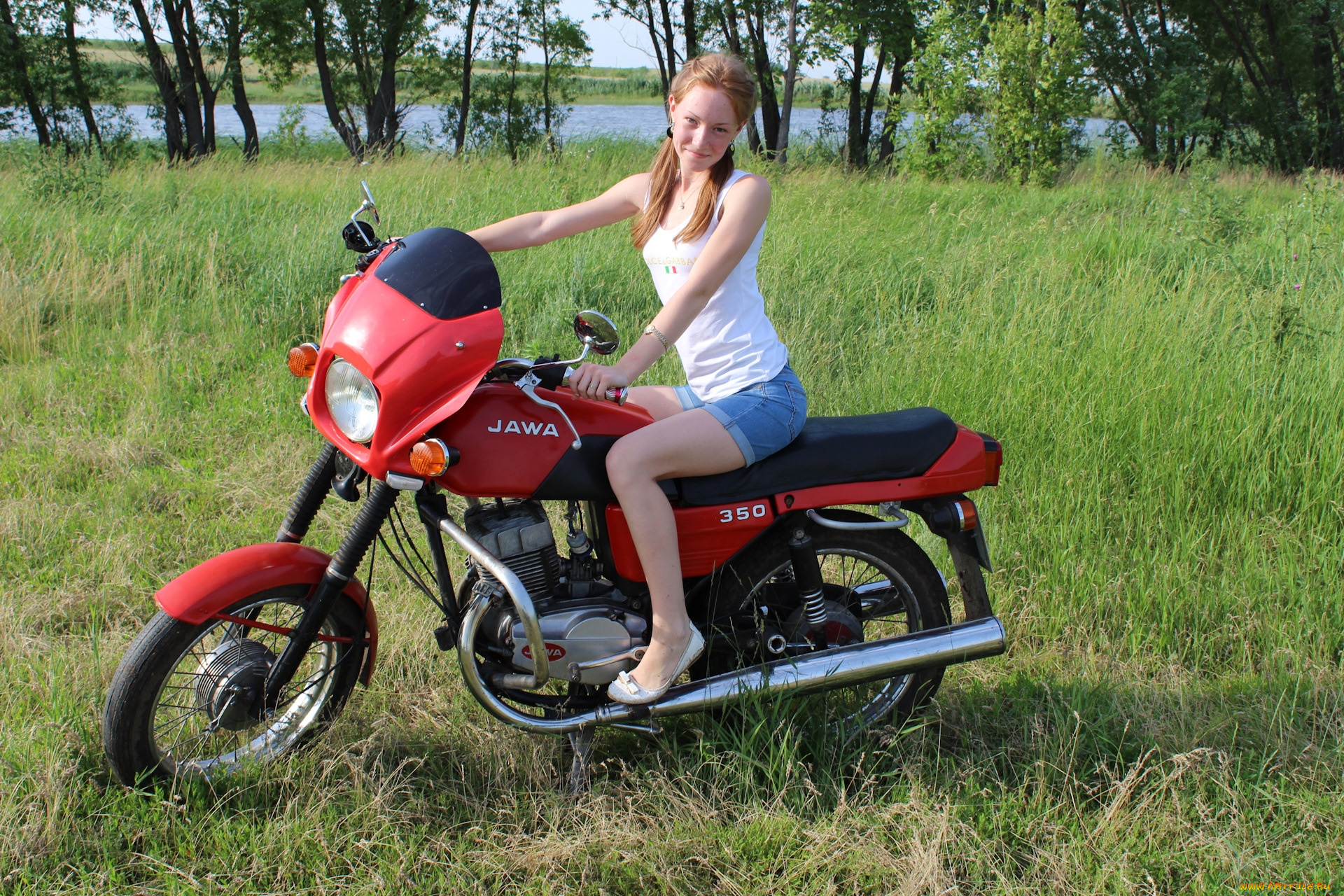 jawa-, 350, мотоциклы, мото, с, девушкой, jawa-, 350, мотоцикл, красный, трава