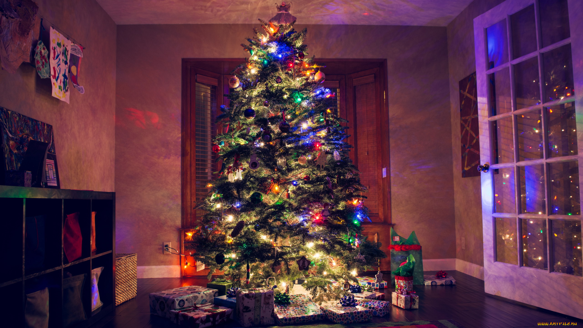 праздничные, ёлки, подарки, елка, гирлянда, огоньки