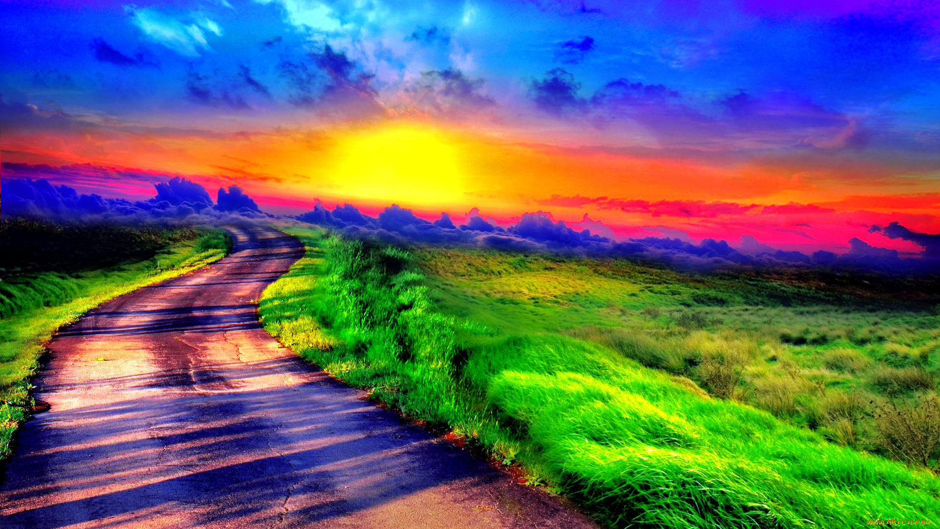 sunset, path, природа, дороги, закат, краски, поле, дорога