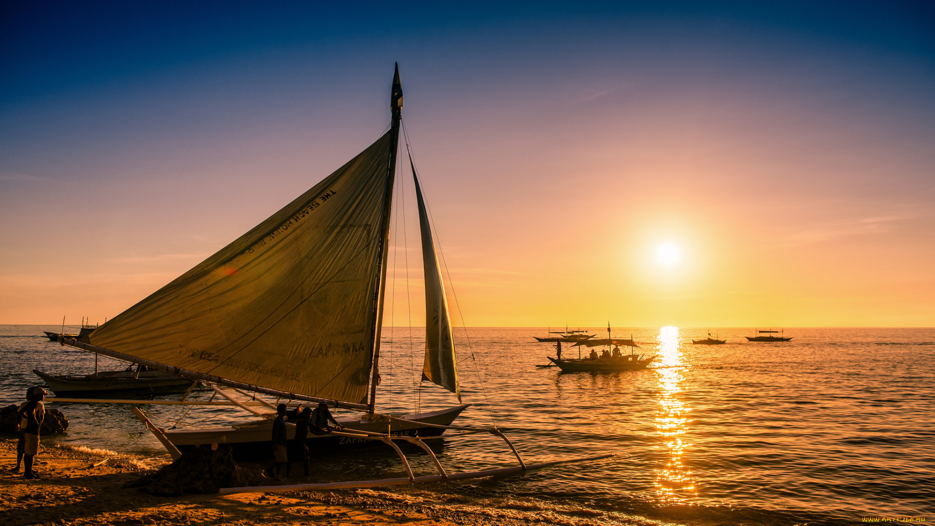 корабли, парусники, boracay, philippines, paraw, боракай, филиппины, лодки, море, закат