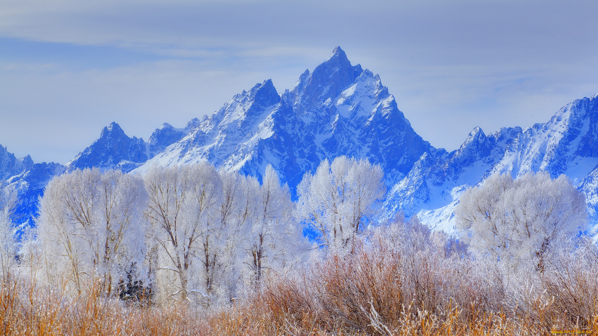 природа, горы, wyoming, grand, teton, national, park, иней, снег, зима, деревья, небо, сша