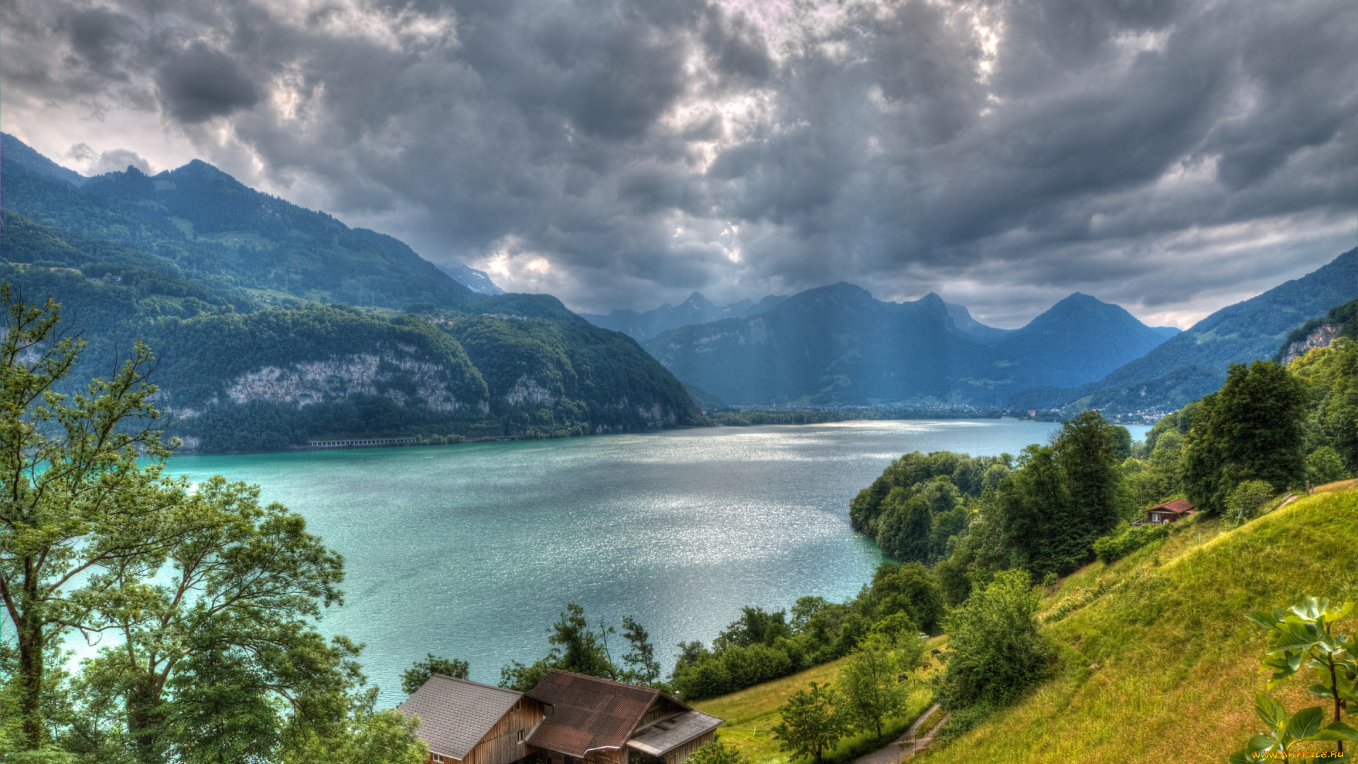 природа, реки, озера, lake, walensee, alps, switzerland, озеро, валензе, альпы, швейцария, горы, дома, деревья, облака