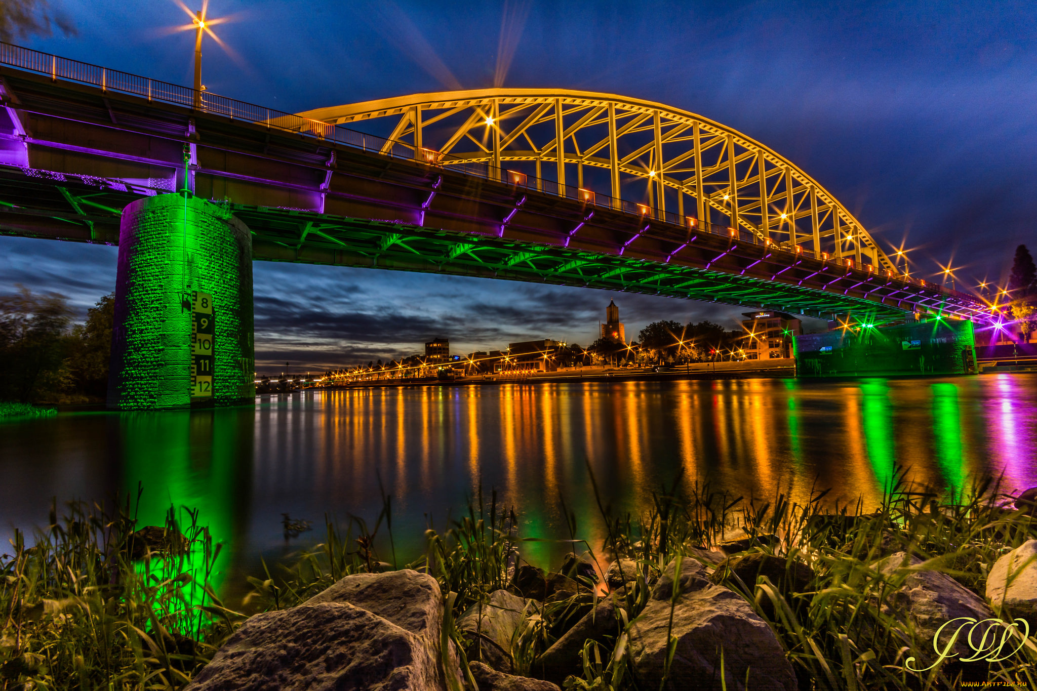 города, -, мосты, arnhem, john, frost, bridge, мост, джона, фроста, rhine, river, netherlands, ночной, город, блики, река, рейн, нидерланды, арнем