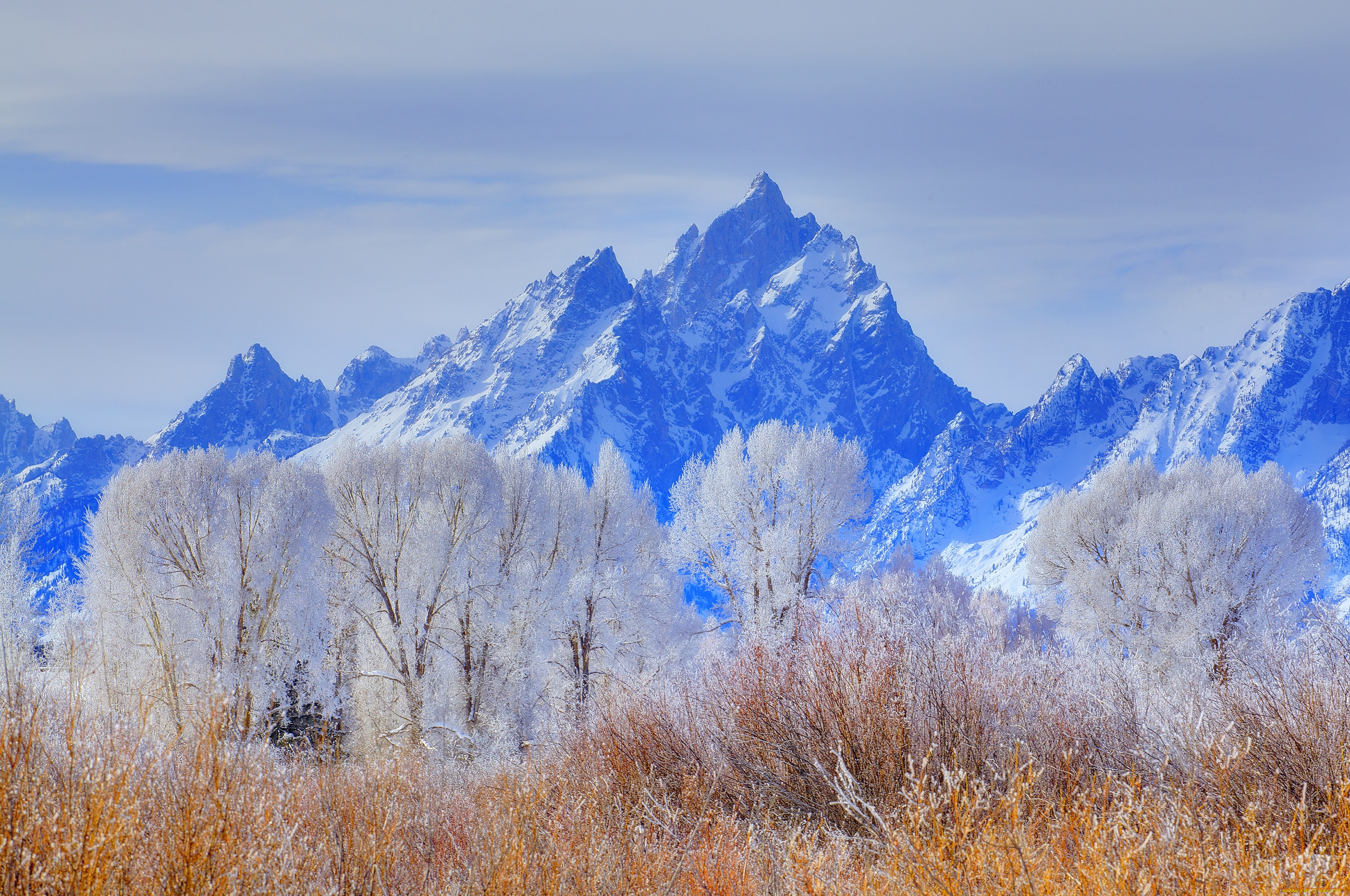 природа, горы, wyoming, grand, teton, national, park, иней, снег, зима, деревья, небо, сша