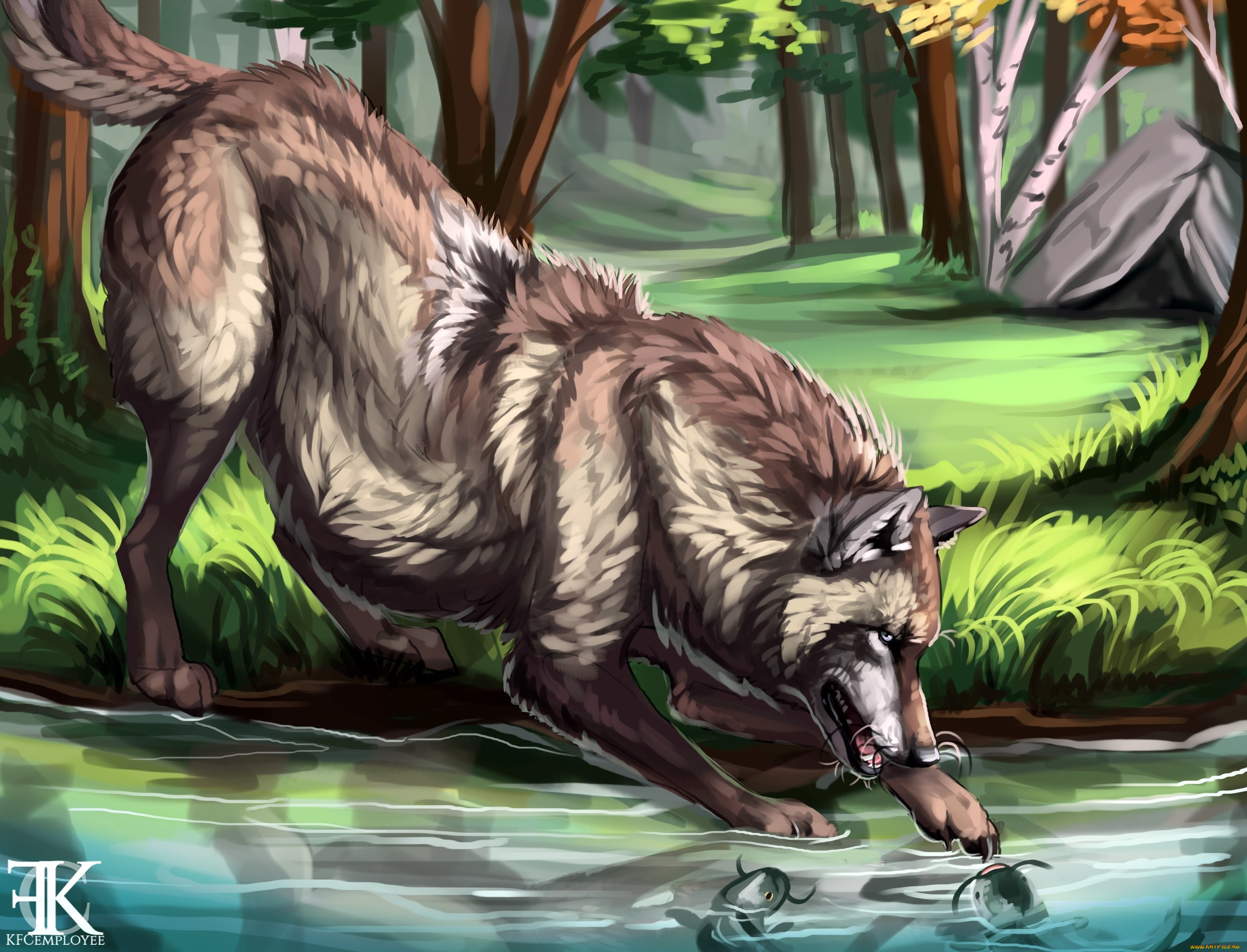 рисованное, животные, , волки, волк, лес, река