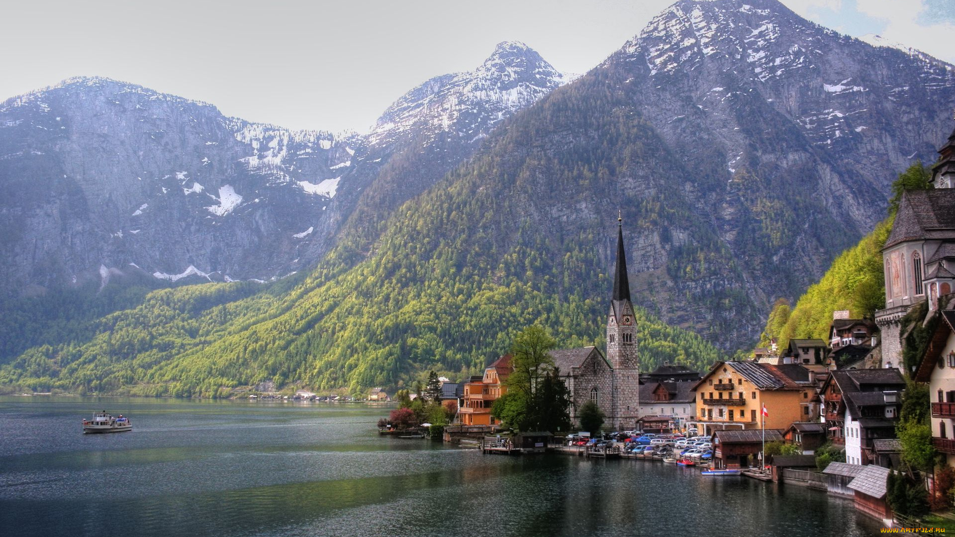 austria, города, пейзажи, австрия, горы, церковь, озеро, дома