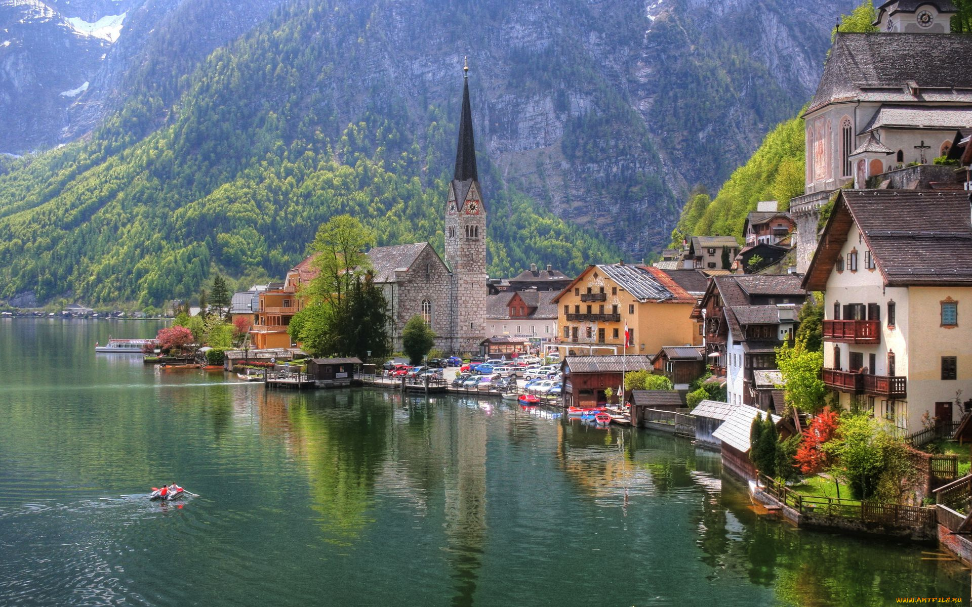 austria, города, пейзажи, австрия, дома, церковь, озеро