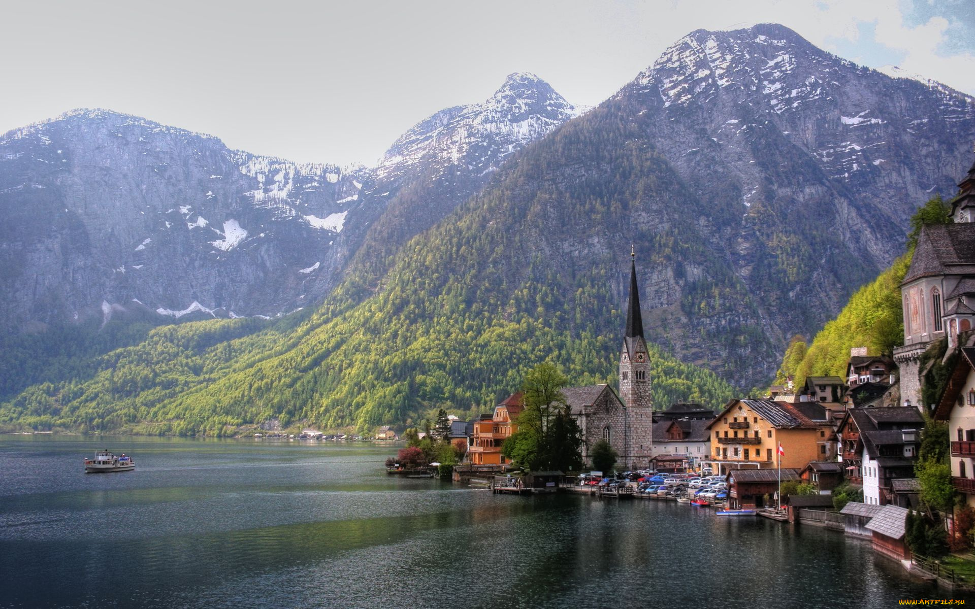 austria, города, пейзажи, австрия, горы, церковь, озеро, дома