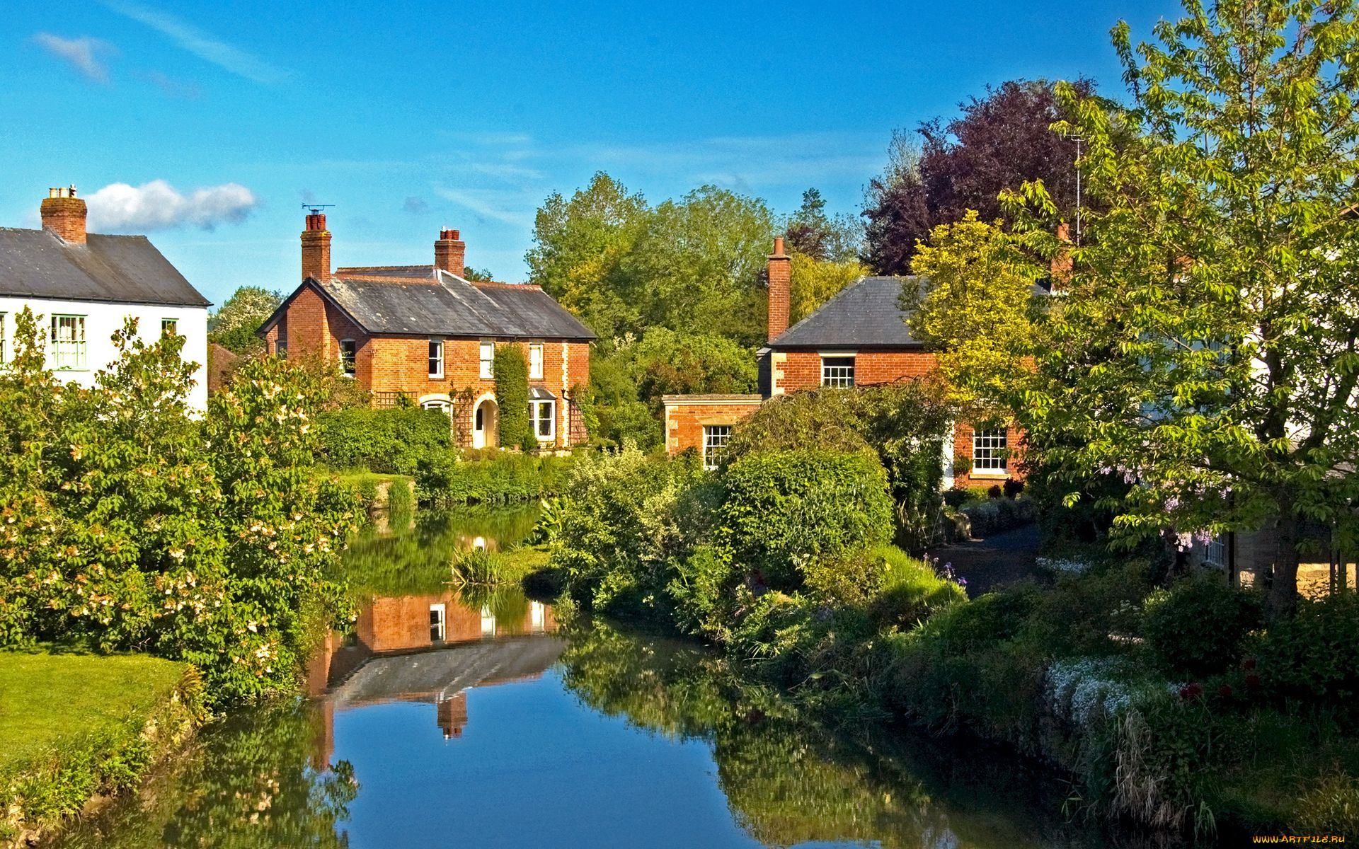 great, britain, города, пейзажи, речка, дома, городок, деревья, англия, england