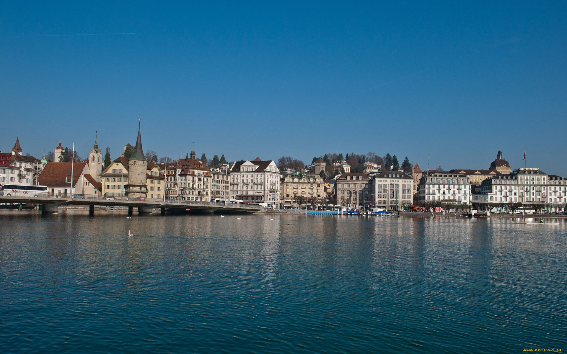 switzerland, города, пейзажи, озеро, мост, здания, дома, швейцария