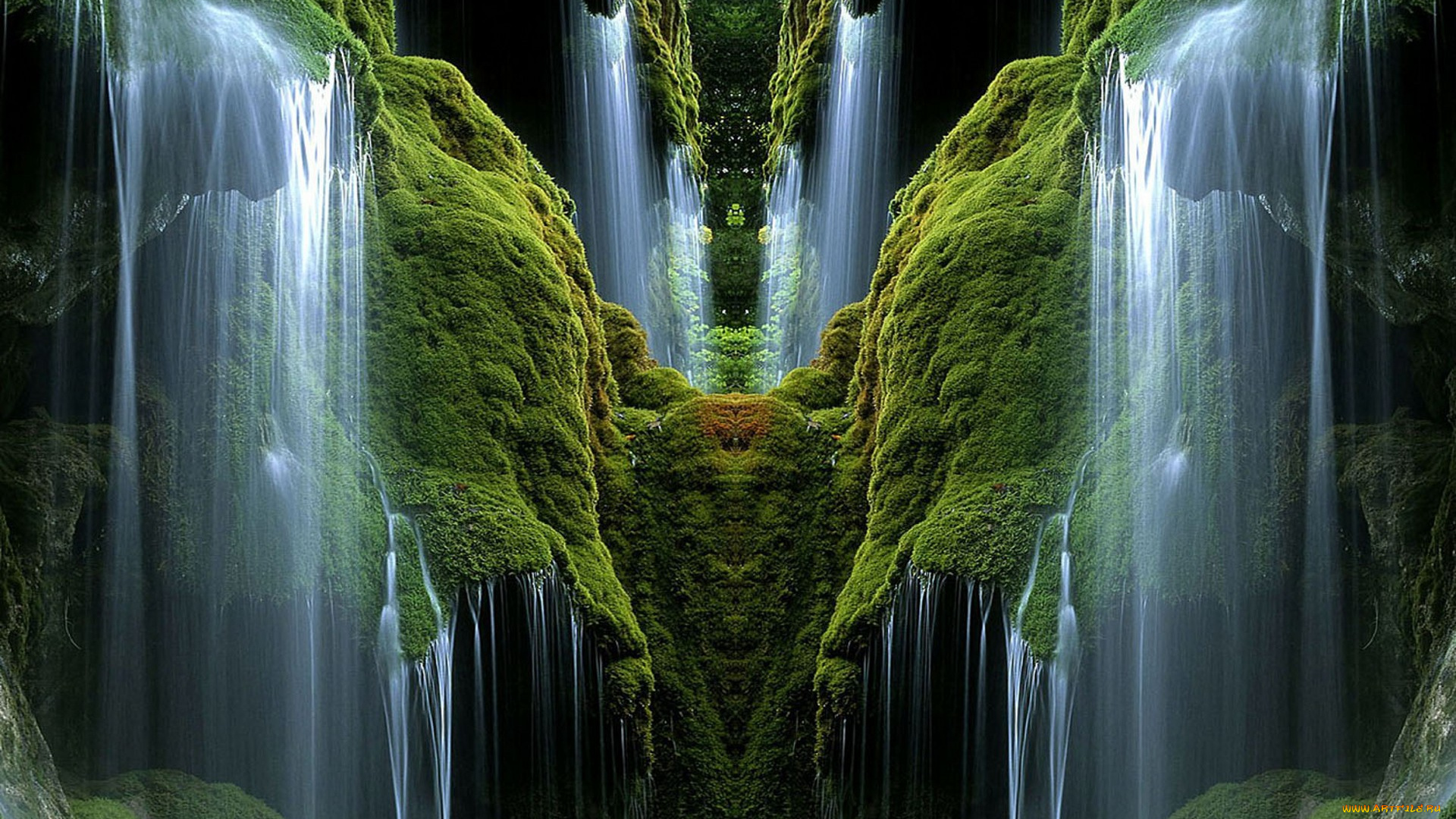 green, waterfalls, разное, компьютерный, дизайн, ущелье, отражение, водопады, зелень