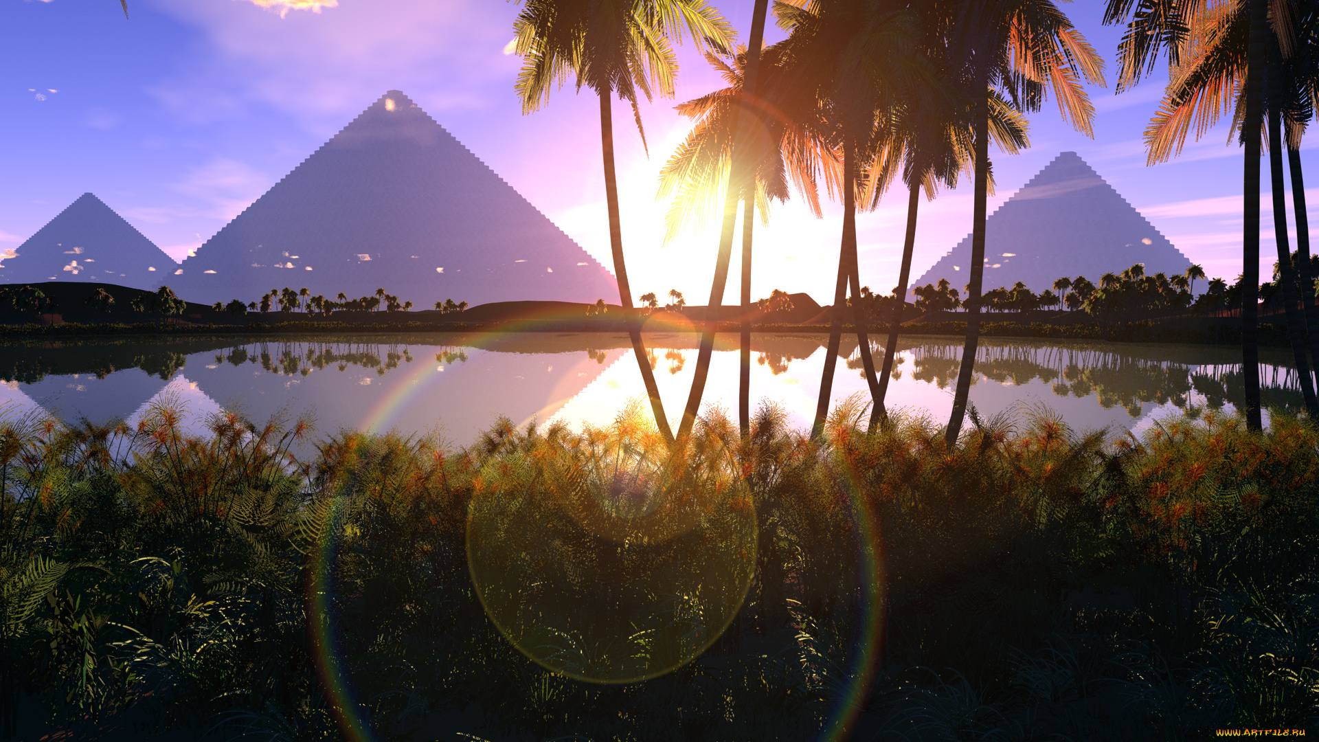 morning, at, the, pyramids, 3д, графика, nature, landscape, природа, пирамиды, река, утро, пальмы