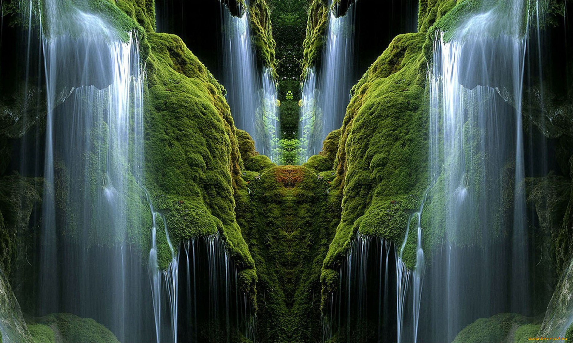 green, waterfalls, разное, компьютерный, дизайн, ущелье, отражение, водопады, зелень