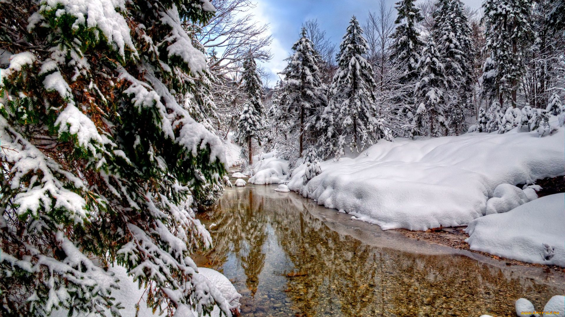 природа, зима, река, снег, лес
