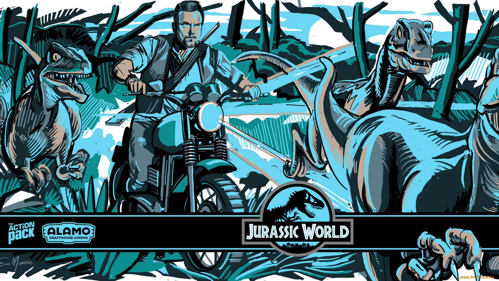 рисованное, кино, мотоцикл, мужчина, jurassic, world, динозавры