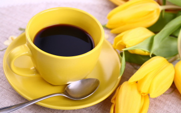Картинка еда кофе +кофейные+зёрна тюльпаны yellow чашка цветы flowers tulips cup breakfast coffee