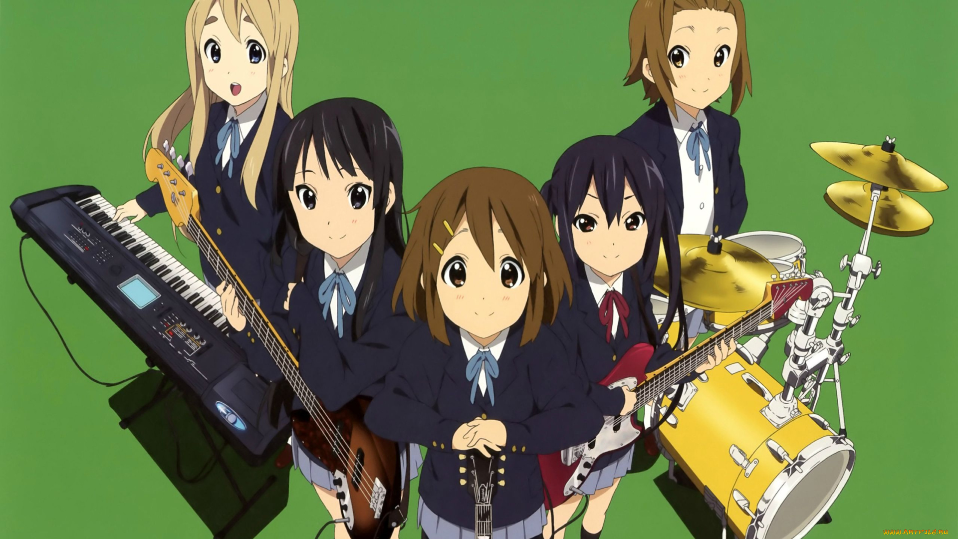 аниме, k-on, девушки, взгляд, фон