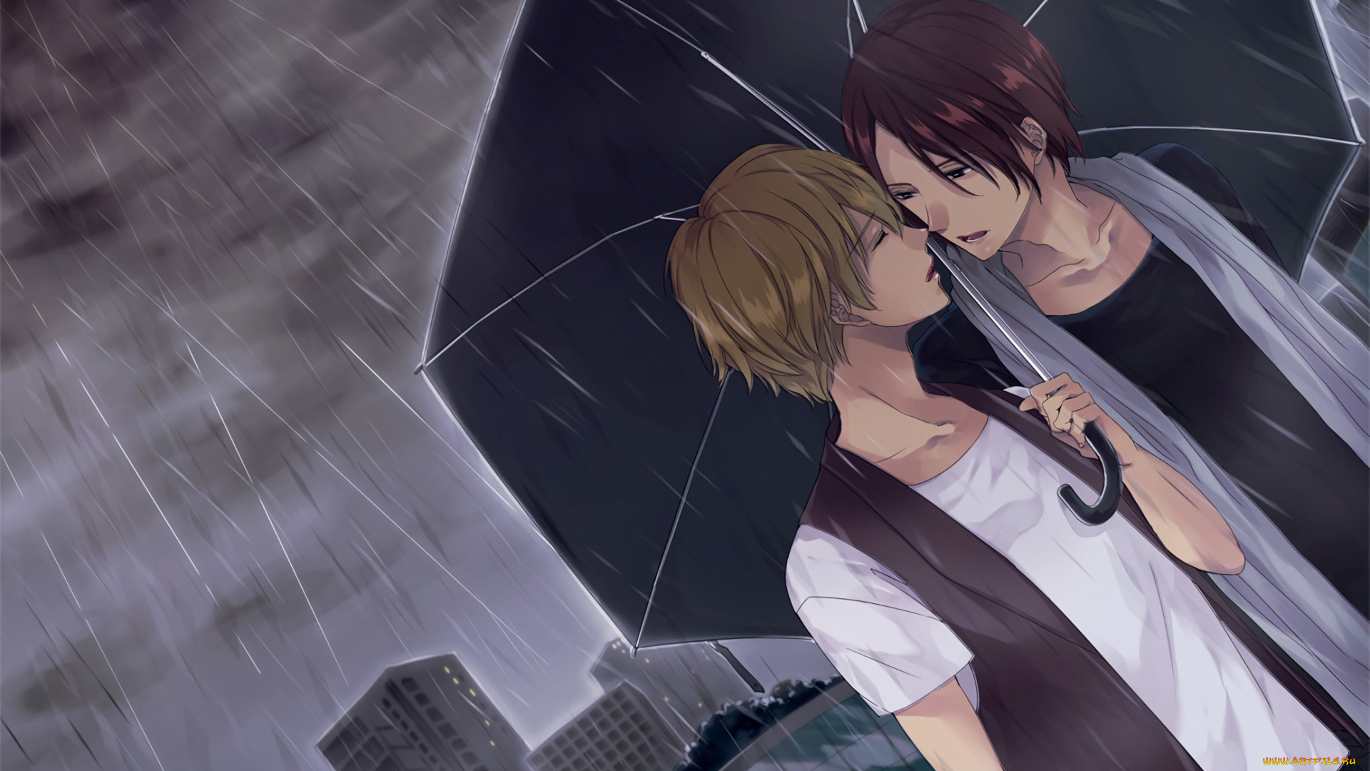 аниме, unknown, , другое, романтика, зонт, дождь, парни