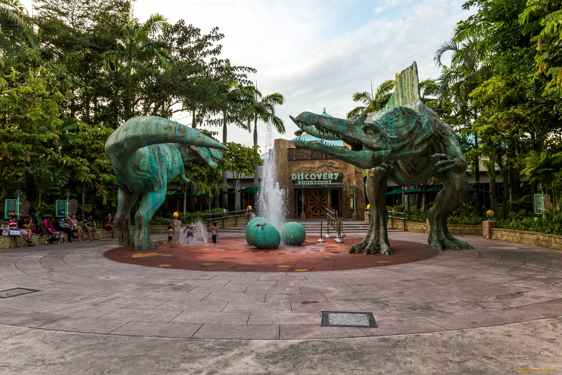 сингапур, разное, динозавры, скульптуры, деревья, люди, фонтан