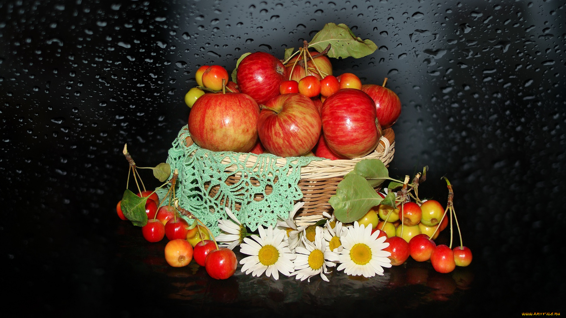 еда, Яблоки, harmony, beauty, китайка, beautiful, красивые, корзинка, красота, яблоки, ромашки, настроение, природа