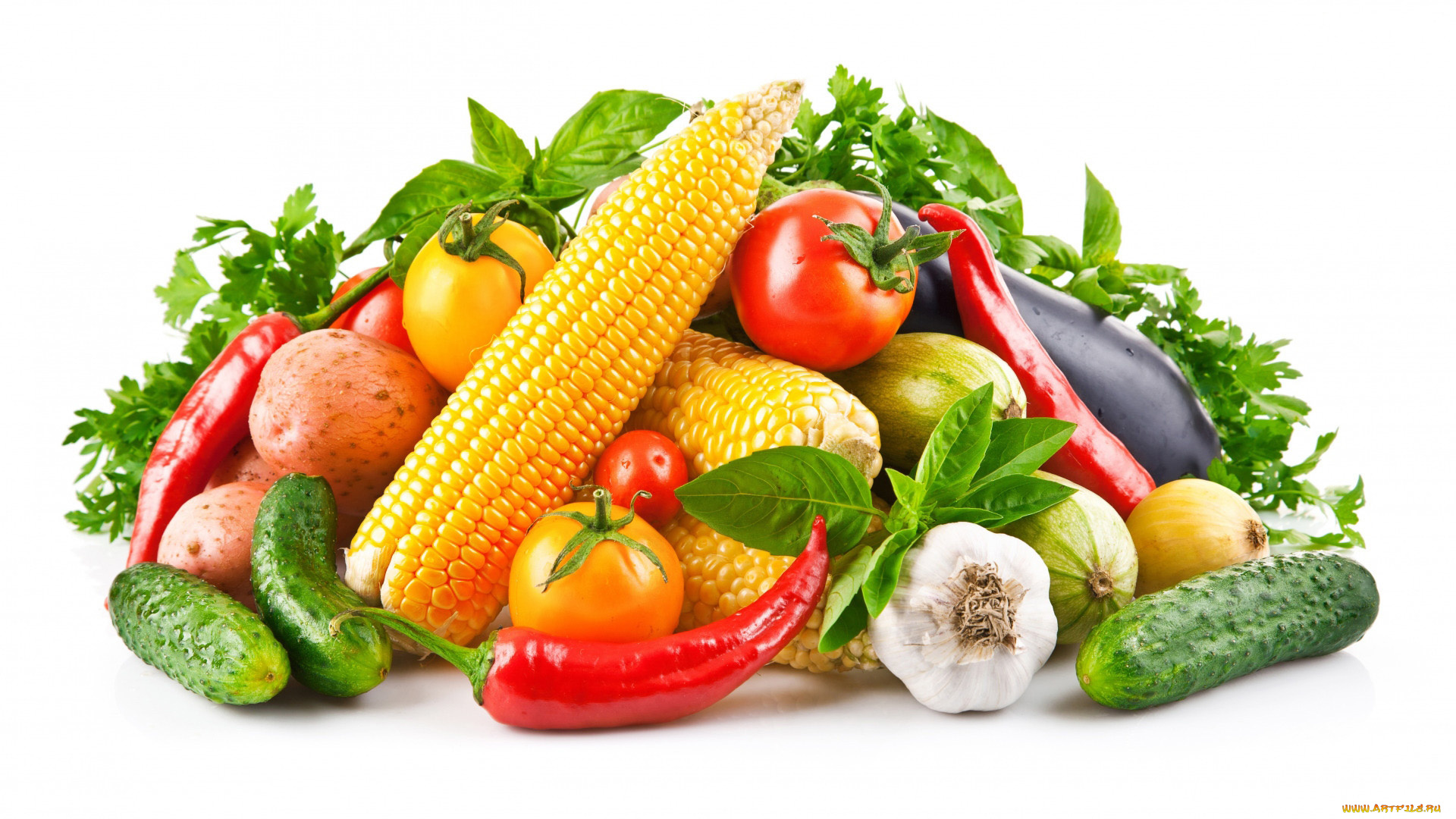 еда, овощи, кукуруза, огурцы, помидоры, баклажан