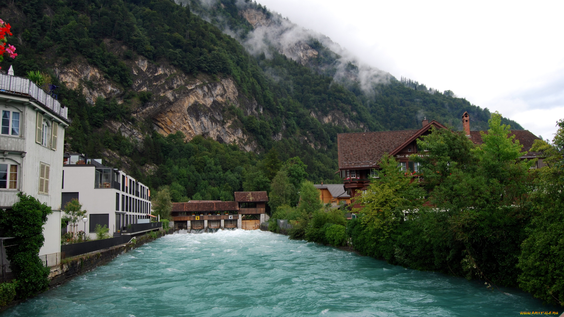 interlaken, switzerland, города, пейзажи, река, дома, горы