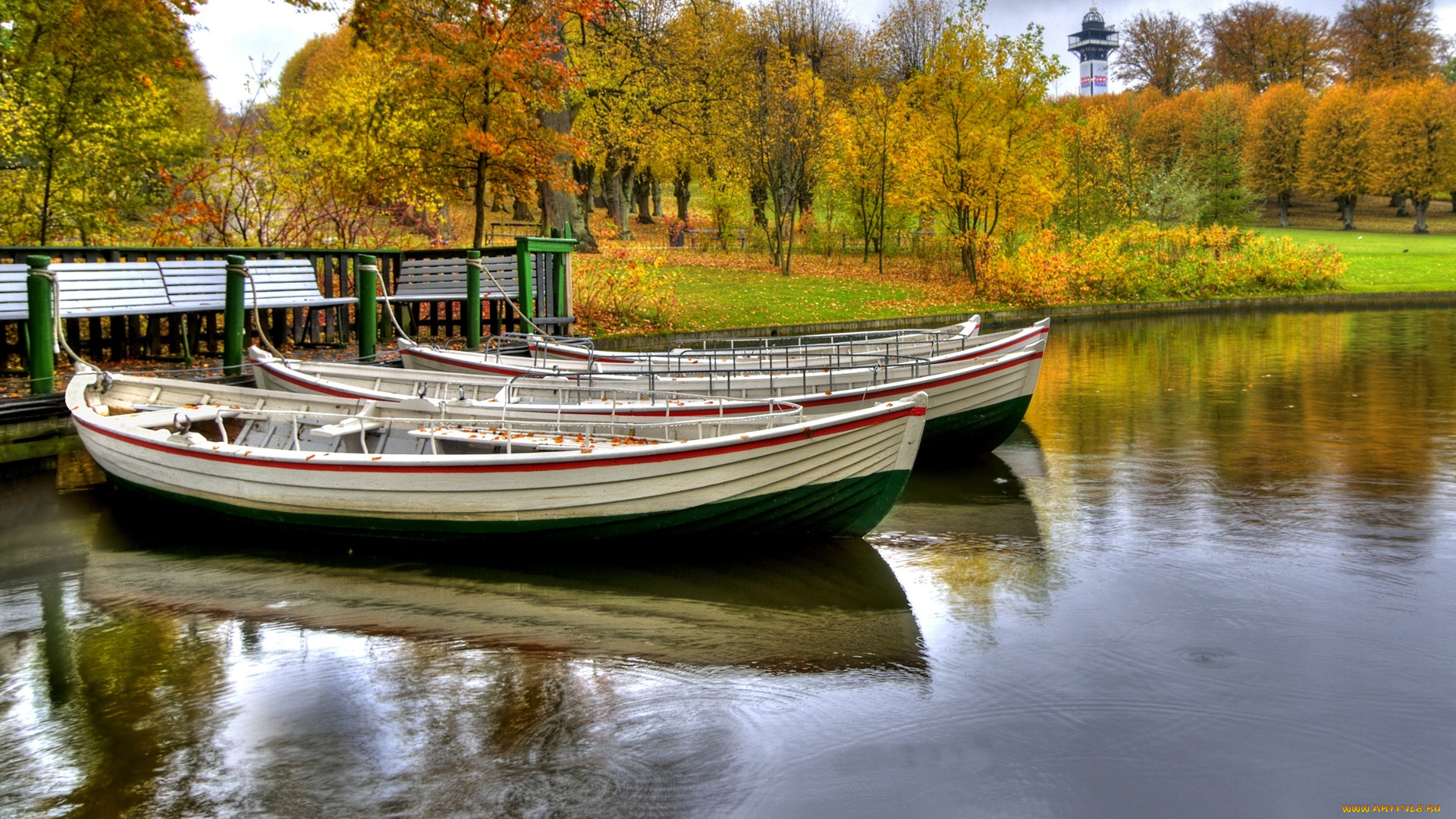 wood, boats, корабли, лодки, шлюпки, парк, осень, река, станция