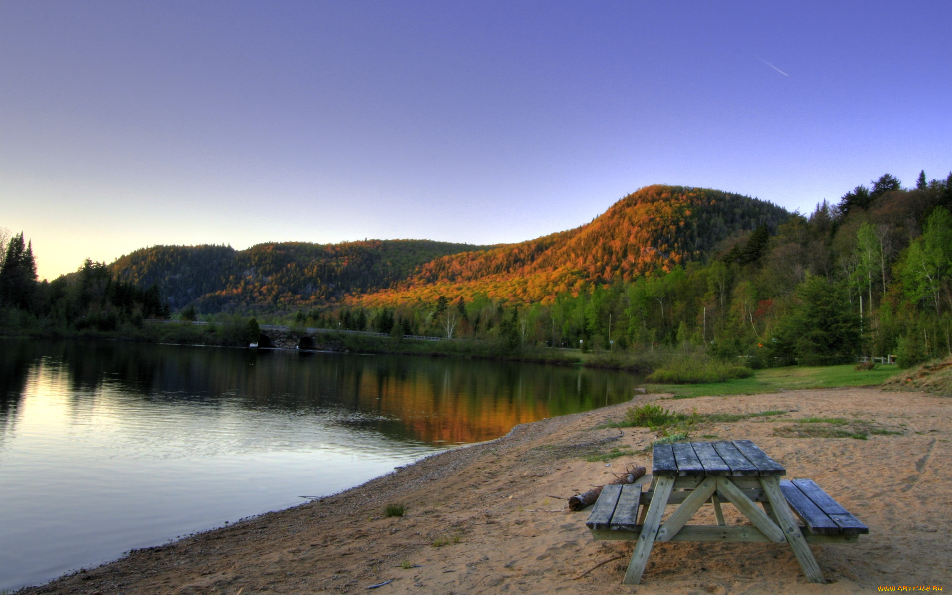 lakeside, serenity, природа, реки, озера, холмы, скамейка, озеро