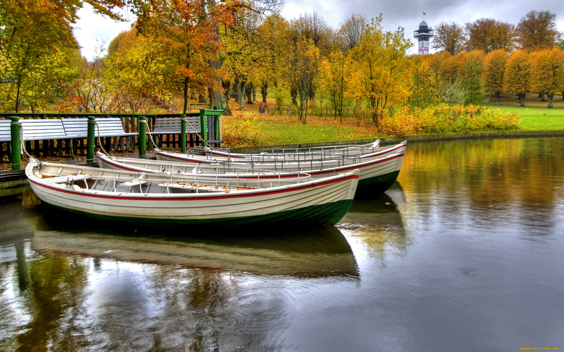 wood, boats, корабли, лодки, шлюпки, парк, осень, река, станция